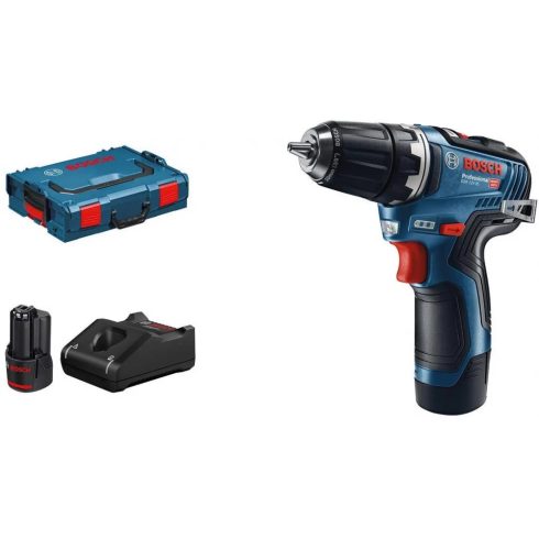 BOSCH GSR 12V-35 FC akkumulátoros fúrógép + FlexiClick fúrótokmány + 2x3.0Ah akku + L-BOXX