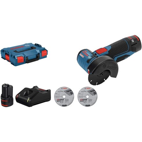 BOSCH GWS 12V-76 Professional akkus sarokcsiszoló L-BOXX tárolóban 2 x 3 Ah lítium-ion akkuval tartozékkészlettel