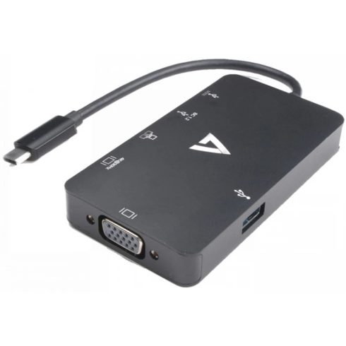 V7 Video Adapter USB-C Male to 2x USB 3.0 Female RJ45 Female HDMI Female VGA Female USB-C Female fekete
