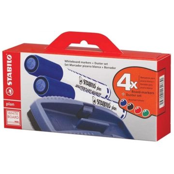   STABILO Plan 2.5-3.5mm kúpos hegyű 4db-os vegyes színű táblamarker készlet + törlőszivacs