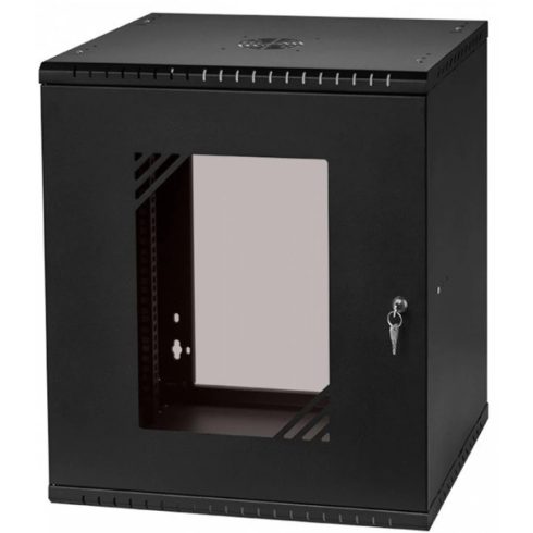 STALFLEX RC19-12U-450GB 19" 12U 450 mm mély lapra szerelt fekete üveg ajtós fali rack szekrény