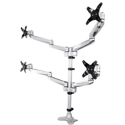 STARTECH Desk Mount Quad Monitor Arm – Premium Articulating VESA 4 Monitor Mount 2x2 up to 27" – Ergonomic Height Adjustable Pole Mount - Tilt/Swivel/Rotate - C-Clamp/Grommet