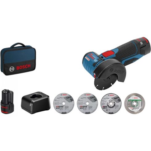 BOSCH GWS 12V-76 Professional akkus sarokcsiszoló táskában 2 x 2.0 Ah lítium-ion akkuval tartozékkészlettel