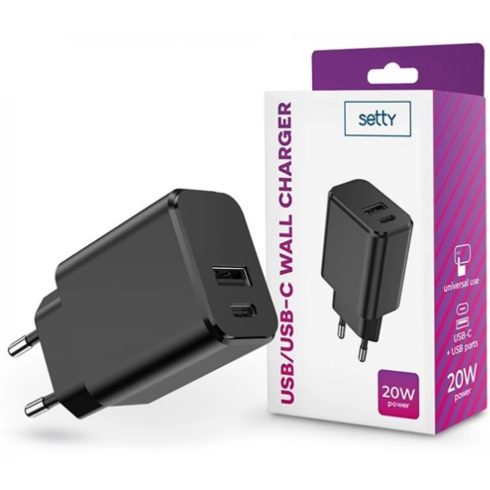 Setty hálózati töltő adapter Type-C + USB bemenettel - 20W fekete