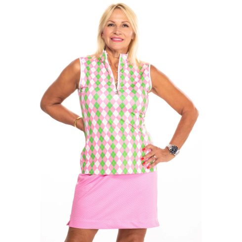 BIRDIE Ujjatlan cípzáros női golf póló argyle fehér-menta-pink skót rombuszmintával 38