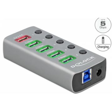  DELOCK 63262 USB 3.2 Gen 1 hub 4 porttal valamint 1 gyorstöltő porttal kapcsolóval és megvilágítással