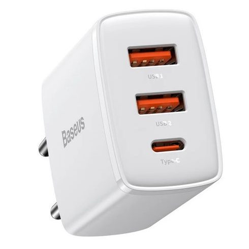 BASEUS Kompakt gyorstöltő 2xUSB-A / USB-C PD 3A 30 W fehér
