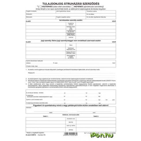 VICTORIA Tulajdonjog átruházási szerződés  A/4 4 pld. (Adásvételi szerződés gk)