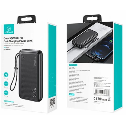 USAMS Power Bank 2xUSB 1xUSB-C 20000mAh 22.5W fekete