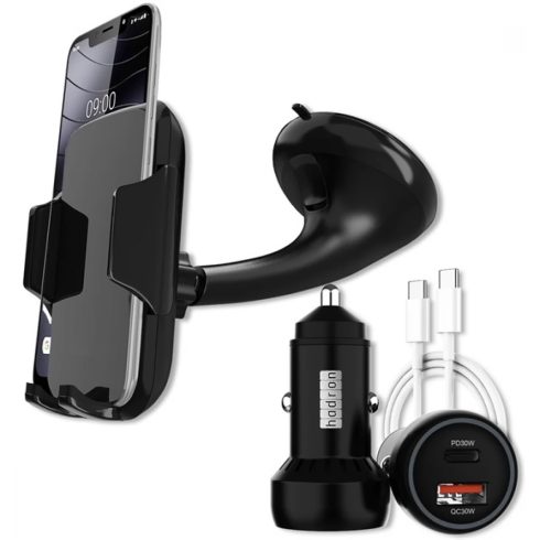 HADRON Autós mobiltelefon tartó 4"-7"-os készülékekhez + szivargyújtó töltő 60W fekete