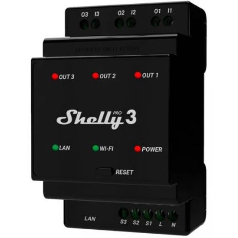 SHELLY PRO 3 DIN-sínre szerelhető három áramkörös WiFi + Ethernet okosrelé kapcsolóbemenettel