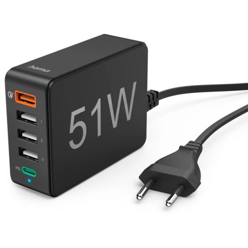 HAMA Hálózati töltő állomás 1xQC3.0 3xUSB-A 1xUSB-C PD/QC 5 PORT 51W fekete