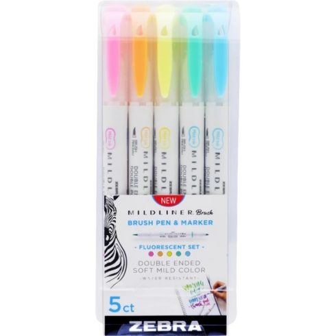 ZEBRA 79105 Mildliner Brush Fluorescent kettős végű ecset marker készlet 5 db