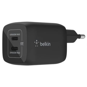   BELKIN WCH013VFBK BoostCharge Dual USB-C PD GaN Wall Charger 65W fekete