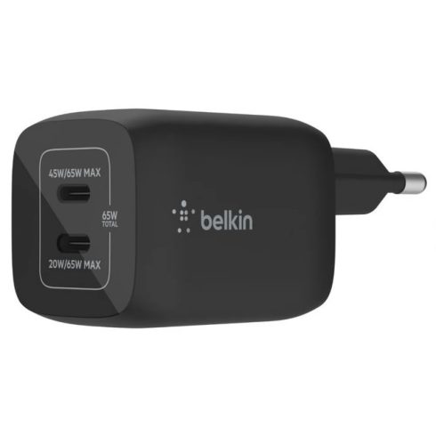 BELKIN WCH013VFBK BoostCharge Dual USB-C PD GaN Wall Charger 65W fekete