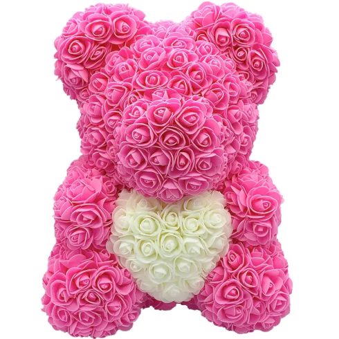 Rózsa maci - Rózsaszín fehér szívvel 40cm