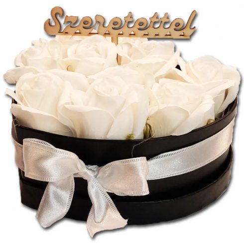 Szappanrózsa szívbox fekete rózsadoboz - fehér- L