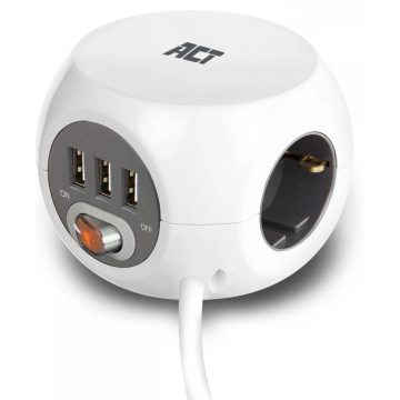   ACT CONNECTIVITY AC2405 Elosztó 3 aljzat 3x USB 1.5m fehér kapcsolós