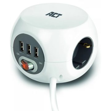   ACT CONNECTIVITY AC2410 Elosztó 3 aljzat 3x USB 3m fehér kapcsolós